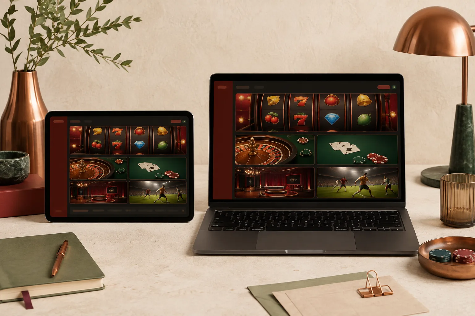 Layar generik yang menggambarkan slot, meja, kasino langsung, dan olahraga